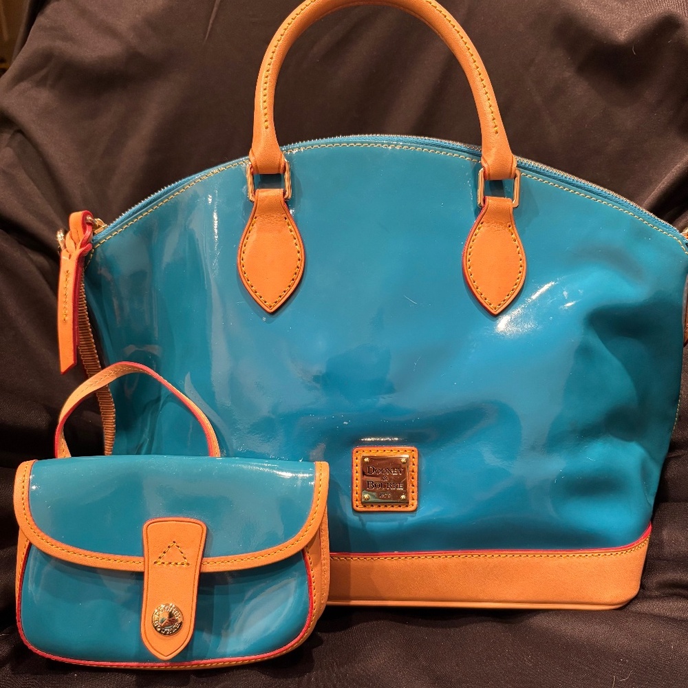 Dooney & Bourke Patent Leather Satchel & Matching Wallet – Blue & Tan Trim
